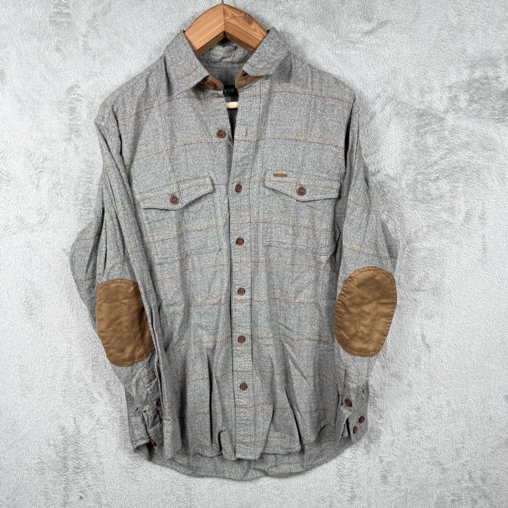 Orvis Fairbanks Flannel Button Up Shirt Men M Suede Elbow Pads Gray Plaid Casual